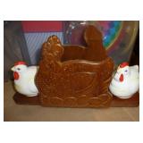 Vintage Thames Clown decanter with shot glasses, Vintage Leftons rose plate décor, chicken napkin holder with salt and pepper