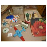 Vintage airplane with folding wings, RCA/Victor radio, jewelry, trick magnetic dogs, hair pin, Shoe horns