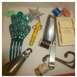 Vintage airplane with folding wings, RCA/Victor radio, jewelry, trick magnetic dogs, hair pin, Shoe horns