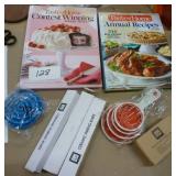 3 new paring knives, silicone measuring cups, funnel, stainless soap, Recipe books