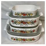 Vintage Corning Ware - 4 Piece Set Spice of Life Casserole Dishes 1 Qt, 2 Qt, 2 Qt, and 10" x 10" x 2" - 4 Dishes, 3 Lids