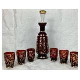 Vintage Venitian Red Gold Gild Decanter with 6 Glasses