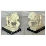 Sculptor A. Santini - Pair of Lion Sculptures Constructed of Marble Composite on Dark Marble Base - 5.5"D x 6"H x 3.5" W