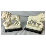 Sculptor A. Santini - Pair of Lion Sculptures Constructed of Marble Composite on Dark Marble Base - 5.5"D x 6"H x 3.5" W