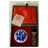 Chinese Seal Stamp Set Made of Soapstone  in Tradional Box with a Porcelain Ink Pad and Vintage Chinese Book