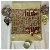 Vintage Japanese Imari Porcelain Plates and Tea Strainers and Placememat Set Includes: 6 Piece Asia Style Sushi, 6 Chopstick olders, 6 Placemat Gold