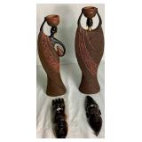 Two Handcarved Senegal Tribal Masks and Pair of African Women Tealight Holders