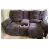 Gray Fabric Loveseat - Level Reclining on Both Ends - 2 Plastic Cupholders - Armrest with Hidden Plastic Compartment