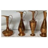 Set of 4 Etched Copper Ewer Vases
