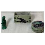 African Malachite Sculpture and Set of 6 Soapstone Coasters with Holder