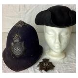 Vintage Bobby Metropolitan British Police Hat with Additional Hat Badge and Tricorn Wool Hat - Size Medium