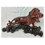 Vintage Japanese Hand Carved Wooden Lion Sculpture with Custom Stand