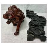 Vintage Japanese Hand Carved Wooden Lion Sculpture with Custom Stand