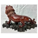 Vintage Japanese Hand Carved Wooden Lion Sculpture with Custom Stand