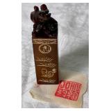 Chinese Seal Stamp Set Made of Soapstone  in Tradional Box with a Porcelain Ink Pad and Vintage Chinese Book