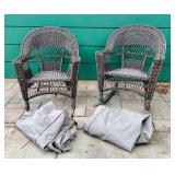 Pair of Woven Wicker Chairs with Covers - One Rocker and One Stationary Chair