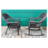 Pair of Woven Wicker Chairs with Covers - One Rocker and One Stationary Chair