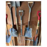 Collection of Garden and Hand Tools Including Shovels and Axe