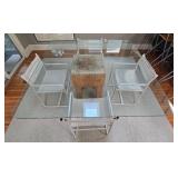 Modern Glass Dining Table with 4 White Chairs - rug not inc