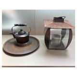 Gustav Stickley Hammered Copper Tea Kettle with Tray and Metal Candle Lantern