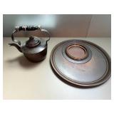 Gustav Stickley Hammered Copper Tea Kettle with Tray and Metal Candle Lantern
