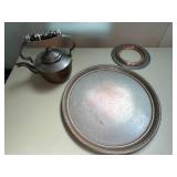 Gustav Stickley Hammered Copper Tea Kettle with Tray and Metal Candle Lantern