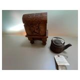 Vintage Carved Wooden Chest and Iron Teapot Set