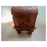 Vintage Carved Wooden Chest and Iron Teapot Set