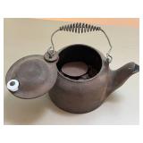 Vintage Carved Wooden Chest and Iron Teapot Set