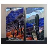 Pair of Southwestern Desert Landscape Stained Glass Panels