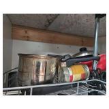 Assorted Kitchenware Including Pots, Pans, and Glass Dish