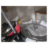 Assorted Kitchenware Including Pots, Pans, and Glass Dish