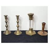 Set of 4 Assorted Brass and Wood Candlestick Holders