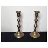 Set of 4 Assorted Brass and Wood Candlestick Holders