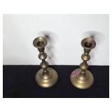 Set of 4 Assorted Brass and Wood Candlestick Holders