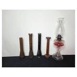 Antique Glass Oil Lamp and Set of 4 Wooden Bobbins/Spools