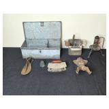 Vintage Collection: Rustic Metal Box, Sculpture, and Antique Tools