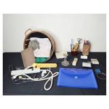 Assorted Household Items including Power Strips, Stationery, and Storage Basket