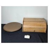 Wooden Breadbox and Brown Serving Platter Set