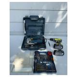 Bosch Jigsaw with Case, Ryobi 18V Drill Set, and Drill Bits