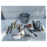 Collection of Hand Tools and Galvanized Metal Bucket