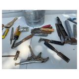 Collection of Hand Tools and Galvanized Metal Bucket