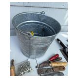 Collection of Hand Tools and Galvanized Metal Bucket