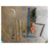 Assorted Clamps, Rulers, Extension Cords, and Square Set
