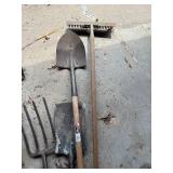 Group of Gardening Tools Including Shovels, Rake, and Fork