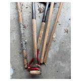Group of Gardening Tools Including Shovels, Rake, and Fork