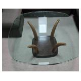Glass Top Coffee Table with Artistic Wooden Base