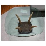 Glass Top Coffee Table with Artistic Wooden Base