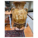Large Antique Terracotta Amphora with Metal Stand - rug not included