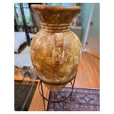 Large Antique Terracotta Amphora with Metal Stand - rug not included
